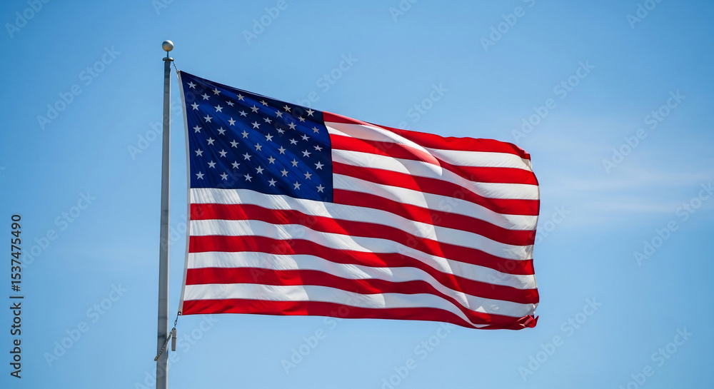 Obraz premium The American flag, known as the Stars and Stripes, proudly waves against a vibrant blue sky on a sunny day. This iconic symbol represents patriotism, freedom, and national pride, perfect for