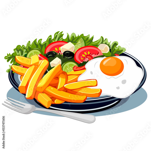 French fries and egg with salad on a plate
