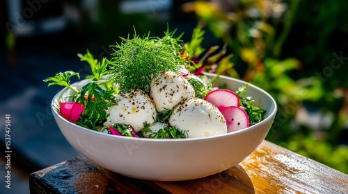 Fresh Garden Salad With Herbs and Radishes Served in a Bowl During Afternoon ...