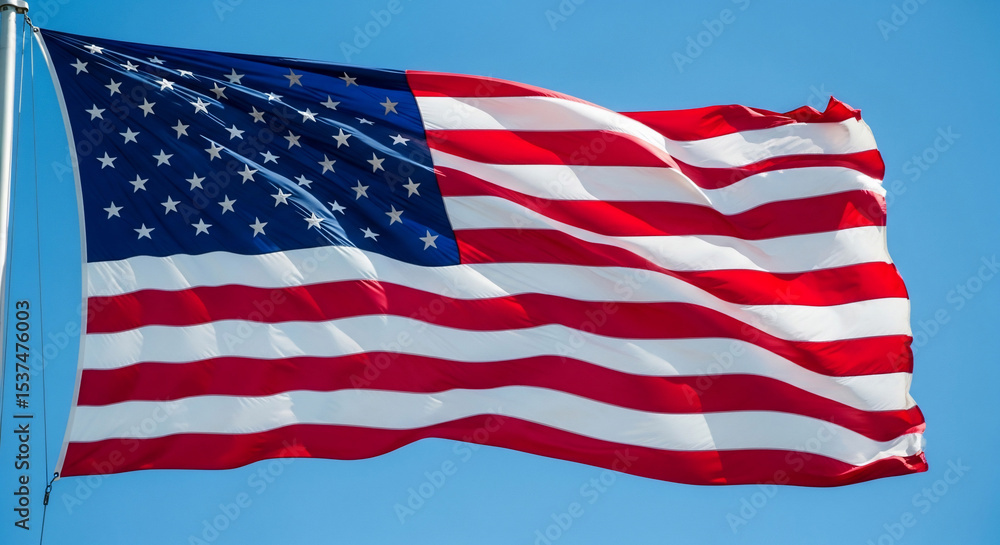 Fototapeta premium The vibrant American flag proudly waves against a clear blue sky, symbolizing patriotism, freedom, and national pride. Perfect for historical, political, or celebratory themes and national holidays