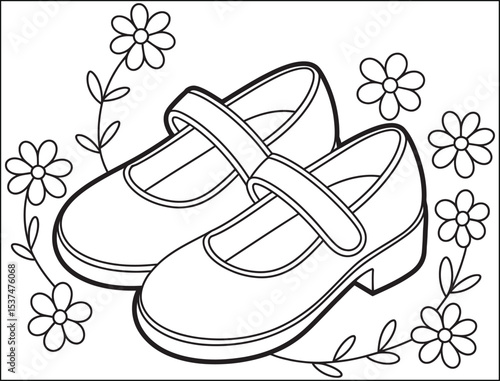 Mary Jane Shoes with Flowers Coloring Page for Kids and Adults