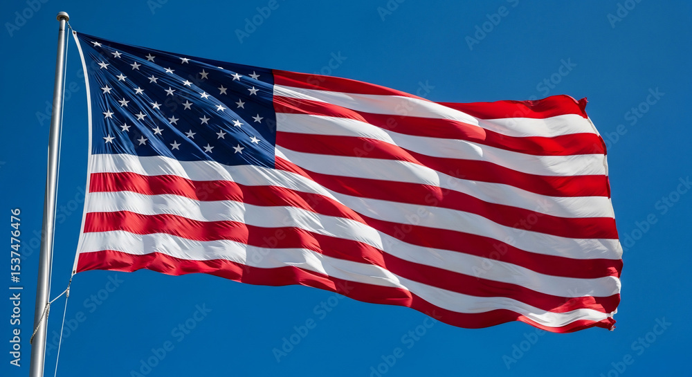 Fototapeta premium The vibrant American flag proudly waves against a clear blue sky on a bright sunny day, symbolizing freedom, patriotism, and national pride. Ideal for Fourth of July, Veterans Day, election
