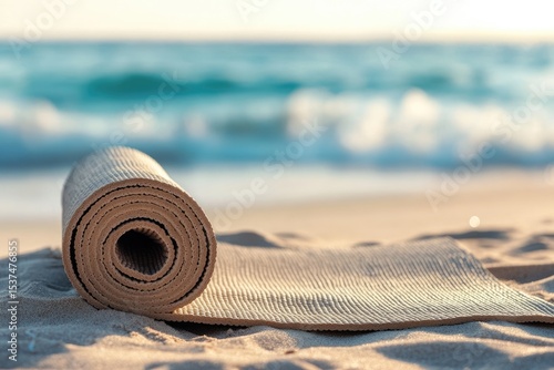 Fototapeta Naklejka Na Ścianę i Meble -  A yoga mat rests on sandy beach by the ocean, inviting relaxation and wellness in a serene coastal setting.