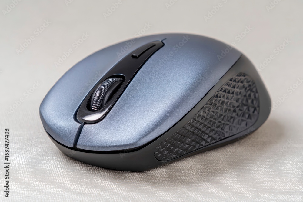 Blue wireless computer mouse with scroll wheel textured grip on a light gray textured surface Blue wireless computer mouse with scroll wheel textured grip on a light gray textured surface