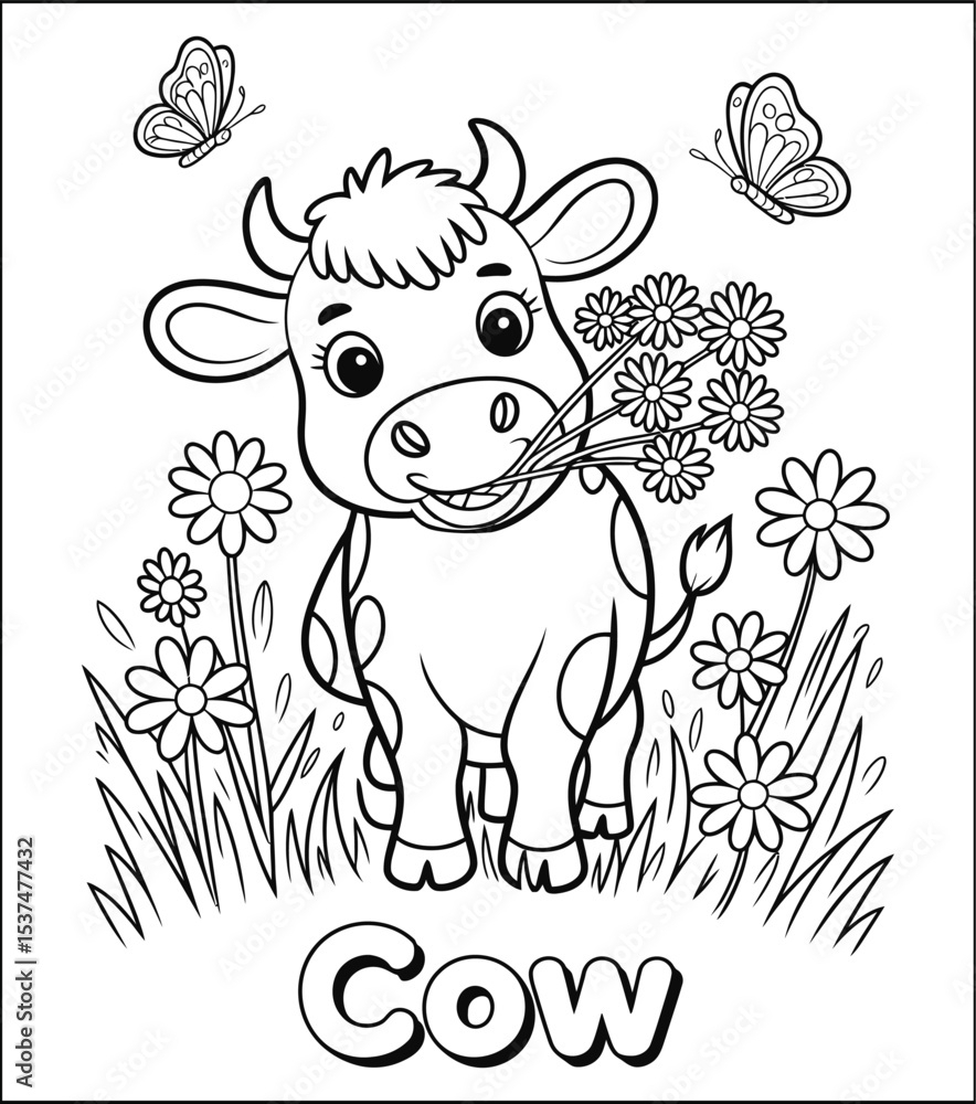 Obraz premium Cute Cartoon Cow with Flowers and Butterflies Coloring Page for Children