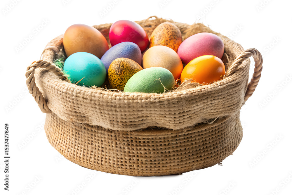 Naklejka premium Rustic Woven Basket with Colorful Easter Eggs – Festive Spring Decor