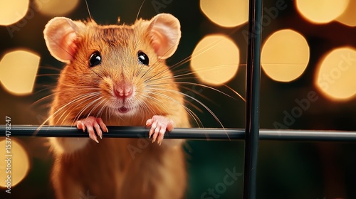 Cute Small Rodent Gazing Curiously From Behind a Cage With Bright Lights in t...
