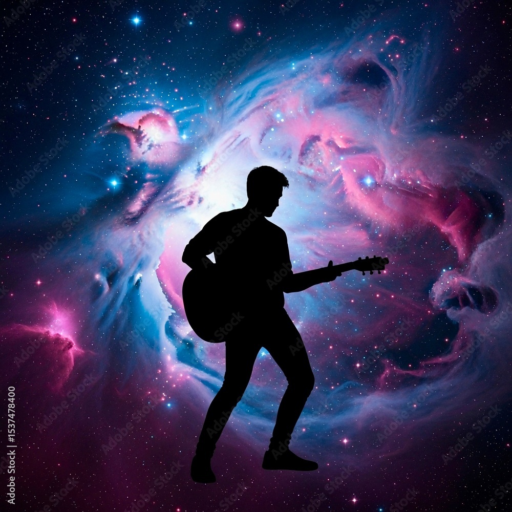Silhouette of a person playing guitar, nebula swirls around Silhouette of a person playing guitar, nebula swirls around