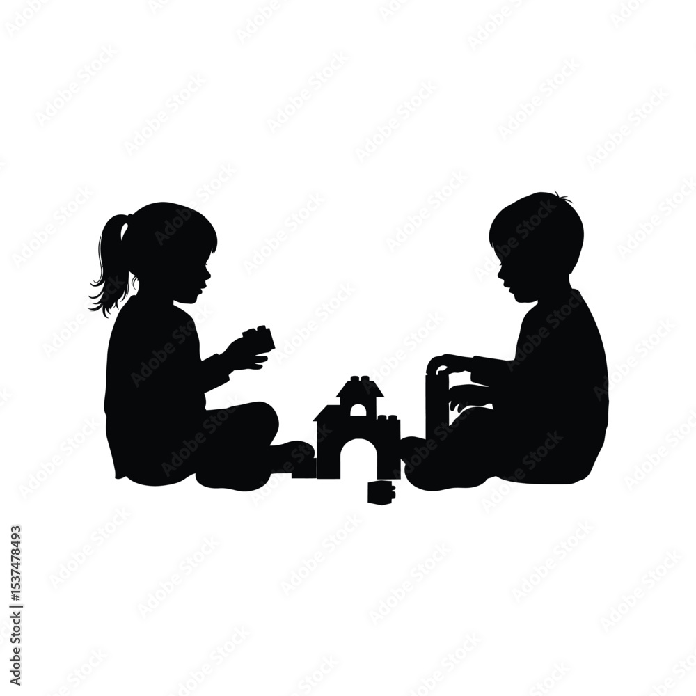 custom made wallpaper toronto digitalSilhouette of girl and boy playing with building blocks kids toys children playing