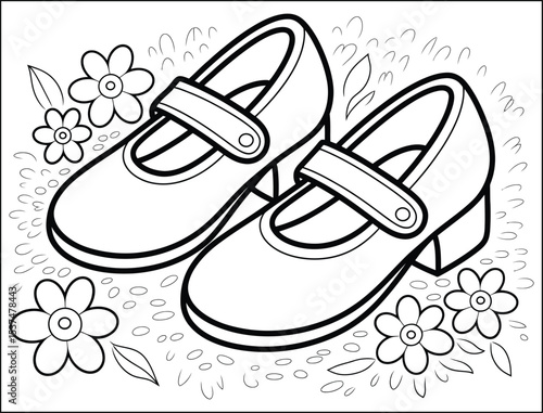 Coloring page of Mary Jane shoes with flowers and grass details