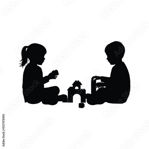Wallpaper Mural Silhouette of girl and boy playing with building blocks kids toys children playing Torontodigital.ca