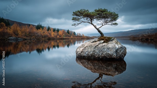 Lonely Tree on a Rock in a Serene Lake Surrounded by Mountains During Cloudy ...