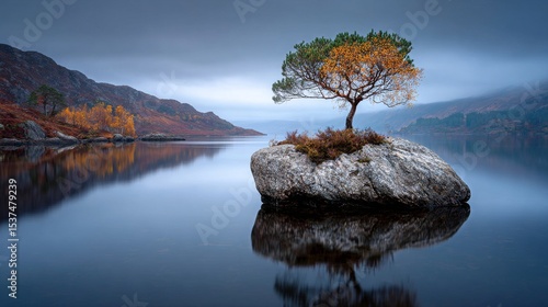 Majestic Solitary Tree on Rock Beside Tranquil Lake During Early Morning Mist