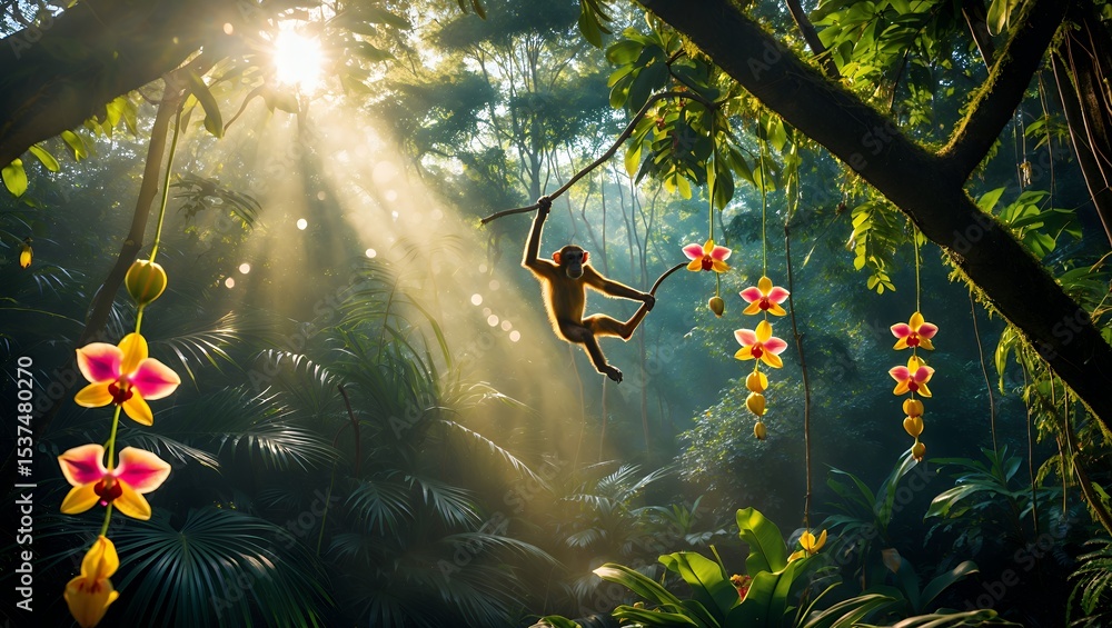 Obraz premium Monkey swinging from jungle vine with sun rays and orchid flowers