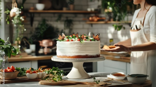Baker Creating a Beautifully Decorated Cake With Flowers and Butterflies in a...