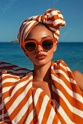 Stylish Woman With Orange Accessories Enjoying a Sunny Beach Day