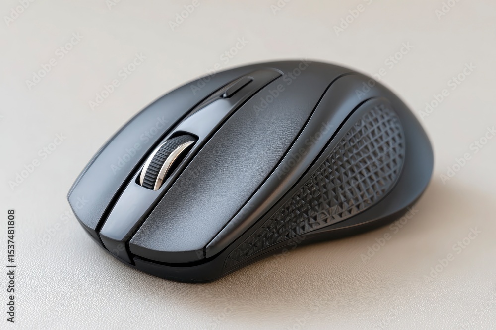 Closeup of a black computer mouse on a light surface showcasing its design and features Closeup of a black computer mouse on a light surface showcasing its design and features