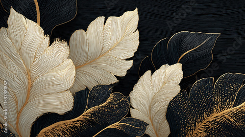 Texture of Black and white leaves with golden veins