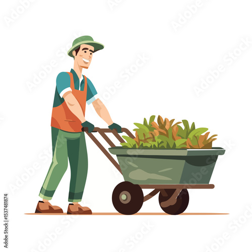 Professional Gardener Man with Wheelbarrow Character Vector Illustration