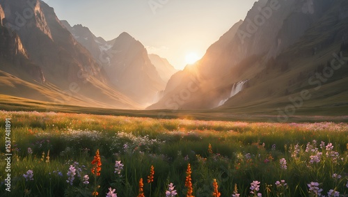 Idyllic Mountain Valley at Sunset with Flowers and Flowing Waterfalls