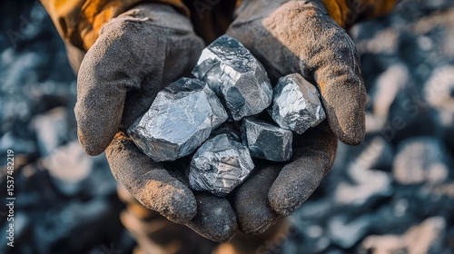 Gloved Hands Holding Raw Metal Ore, Mining, Metallurgy mineral extraction, industrial material