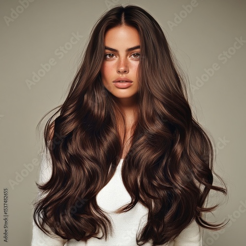 Elegant Woman With Long Wavy Hair Poses Against a Neutral Background.