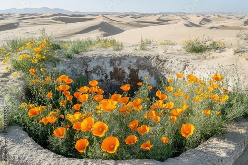 A vibrant patch of orange poppies blooms in a desert landscape, contrasting with the distant sand dunes and clear blue sky.