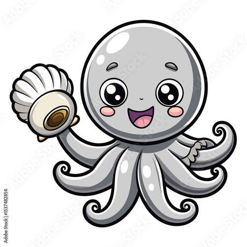 A cheerful baby octopus cartoon character with a funny, cute, smiling face is a happy animal illustration
