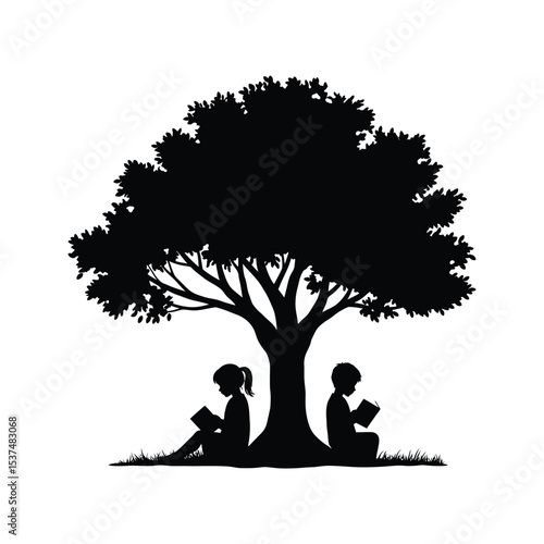 Silhouette of two children reading books under a large tree outdoor reading summer reading kids reading nature education literacy