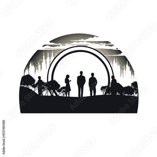 Professional Vector Illustration of Social Distancing Concept with Human Silhouettes in Line and Fill Style