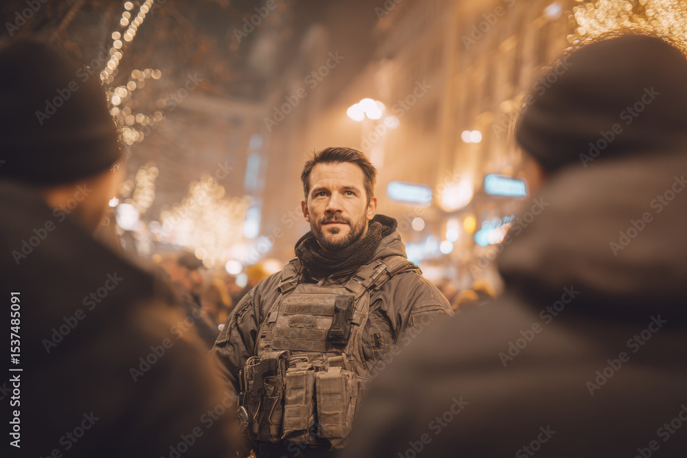 soldier conducts document check on civilians in tense city street surrounded by chaotic atmosphere soldier conducts document check on civilians in tense city street surrounded by chaotic atmosphere
