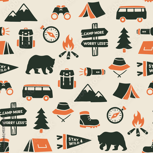 amping elements seamless pattern. Camping background. Camping doodle illustration. Vector illustration. Seamless pattern with cartoon camp gear, compass, bear, camper, and camping tents.