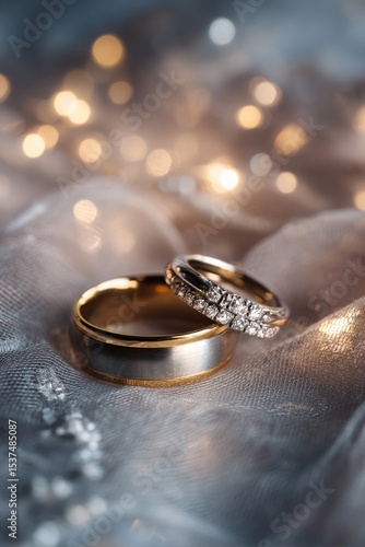 Two Elegant Wedding Rings on Soft Fabric With Warm Lights Create a Romantic A...