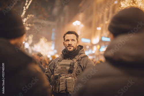 soldier conducts document check on civilians in tense city street surrounded by chaotic atmosphere
