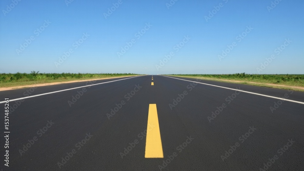 Fototapeta premium Empty countryside highway stretching forward with green fields on both sides and clear sky.