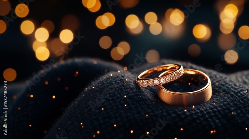Two Elegant Wedding Rings Resting on a Soft Surface With Golden Bokeh Backgro...