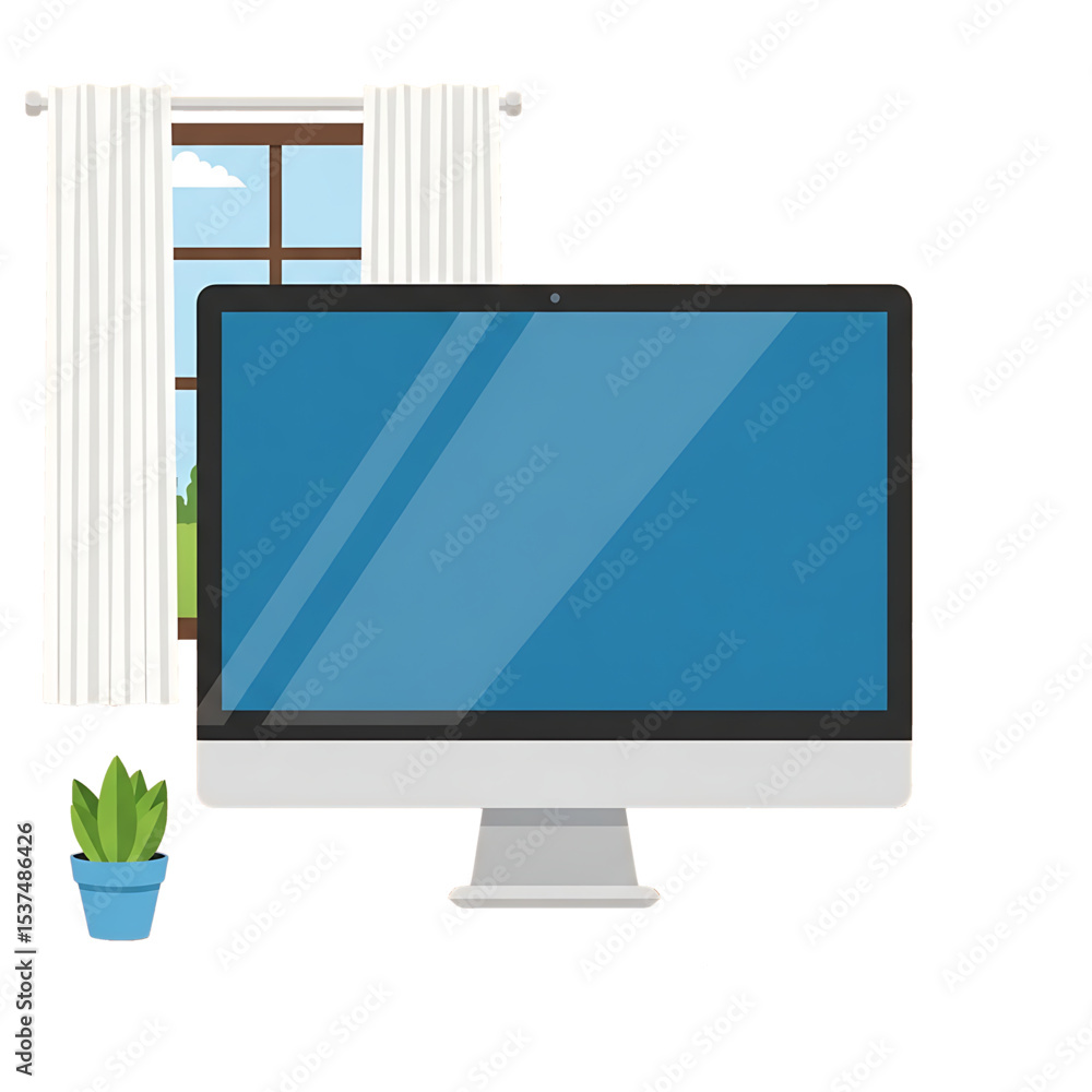 Fototapeta premium Monitor on desk near window, symbolizing remote work or casual office space.