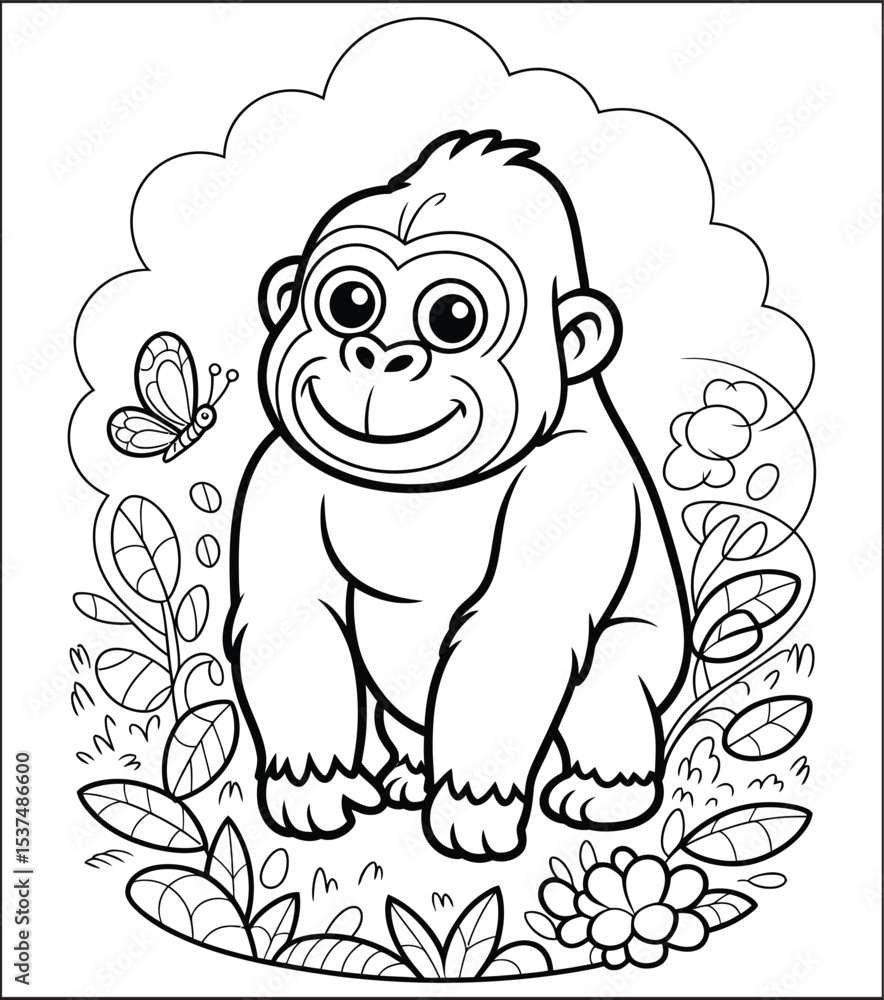 Obraz premium Cute Cartoon Gorilla in the Jungle Coloring Page for Kids