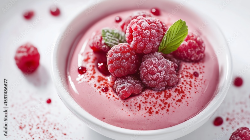 Delightful raspberry mousse topped with fresh berries and mint, perfect for a dessert in summer Delightful raspberry mousse topped with fresh berries and mint, perfect for a dessert in summer