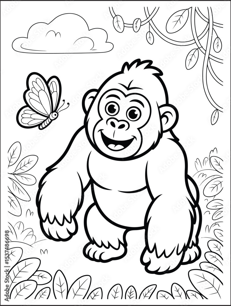 Obraz premium Cute Cartoon Gorilla in Jungle Coloring Page with Butterfly and Cloud