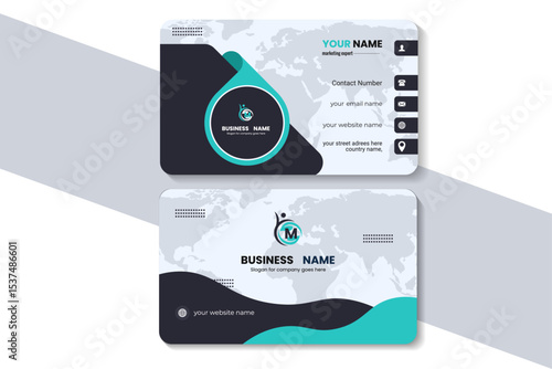 Modern business card template, professional corporate stationery, teal and black identity design