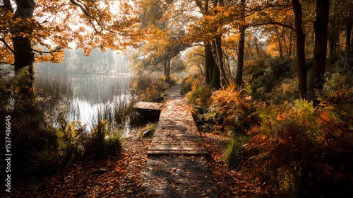 Tranquil Autumn Pathway by Serene Lake Surrounded by Vibrant Foliage in Early...