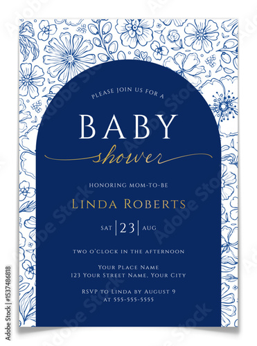 Blue Floral Toile Design Baby Shower Invitation.
