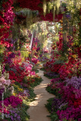 Vibrant Flower Garden Pathway With Colorful Blooms During Early Morning Light.