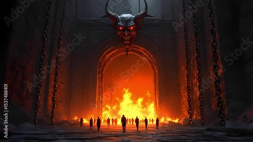 silhouettes of people, souls walking towards stone gates to hell, above the gates an ominous devil's head with horns snapping his teeth, evil eyes glowing red, behind the gates a burning fire