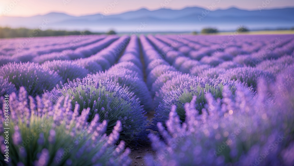 Obraz premium Lavender Field at Sunset Blooming with Purple Flowers in Rows