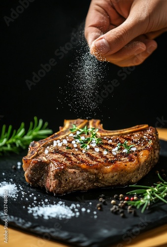 Perfectly Grilled Steak Being Seasoned With Salt and Herbs on a Dark Slate Board