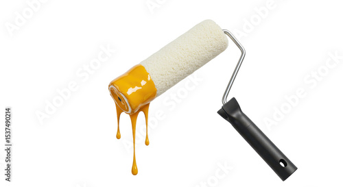 Fototapeta Naklejka Na Ścianę i Meble -  Isolated Paint Roller with Dripping Yellow Paint