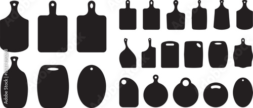 A comprehensive set of kitchen cutting board silhouettes in various shapes offers essential tools for cooking, food preparation, and culinary-themed designs.