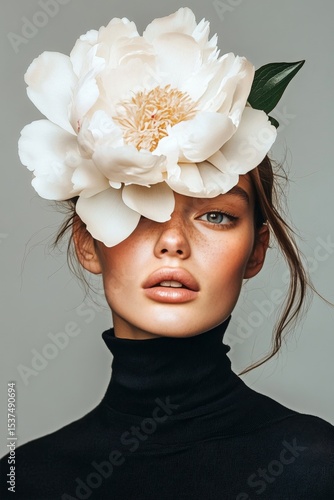 Model With Large Flower Headpiece Poses Against a Beige Background During a F...